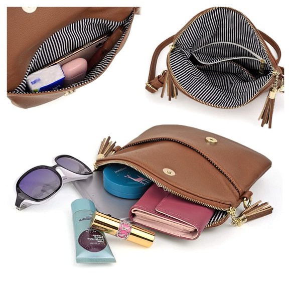 Purse Double Tassel Zippers Lightweight Flapover Handbag with Wristlet Strap CA - Picture 5 of 7